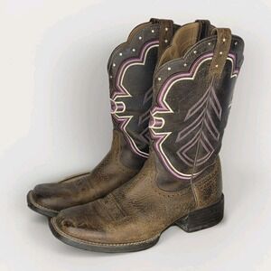 Ariat ATS Cowboy Boots Women's 9B Pink White Stitch Brown Leather Stars Western